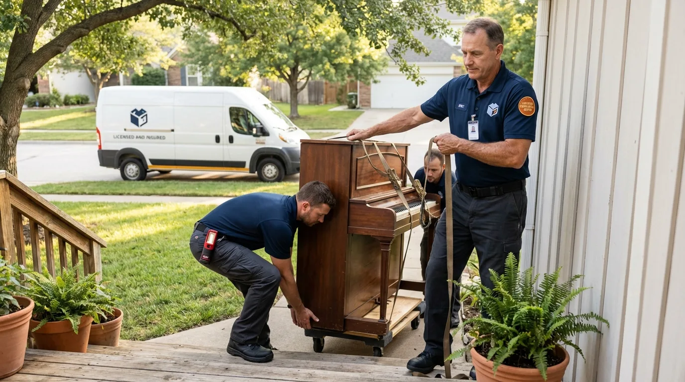 Licensed piano movers securing grand piano in Matamoras, PA