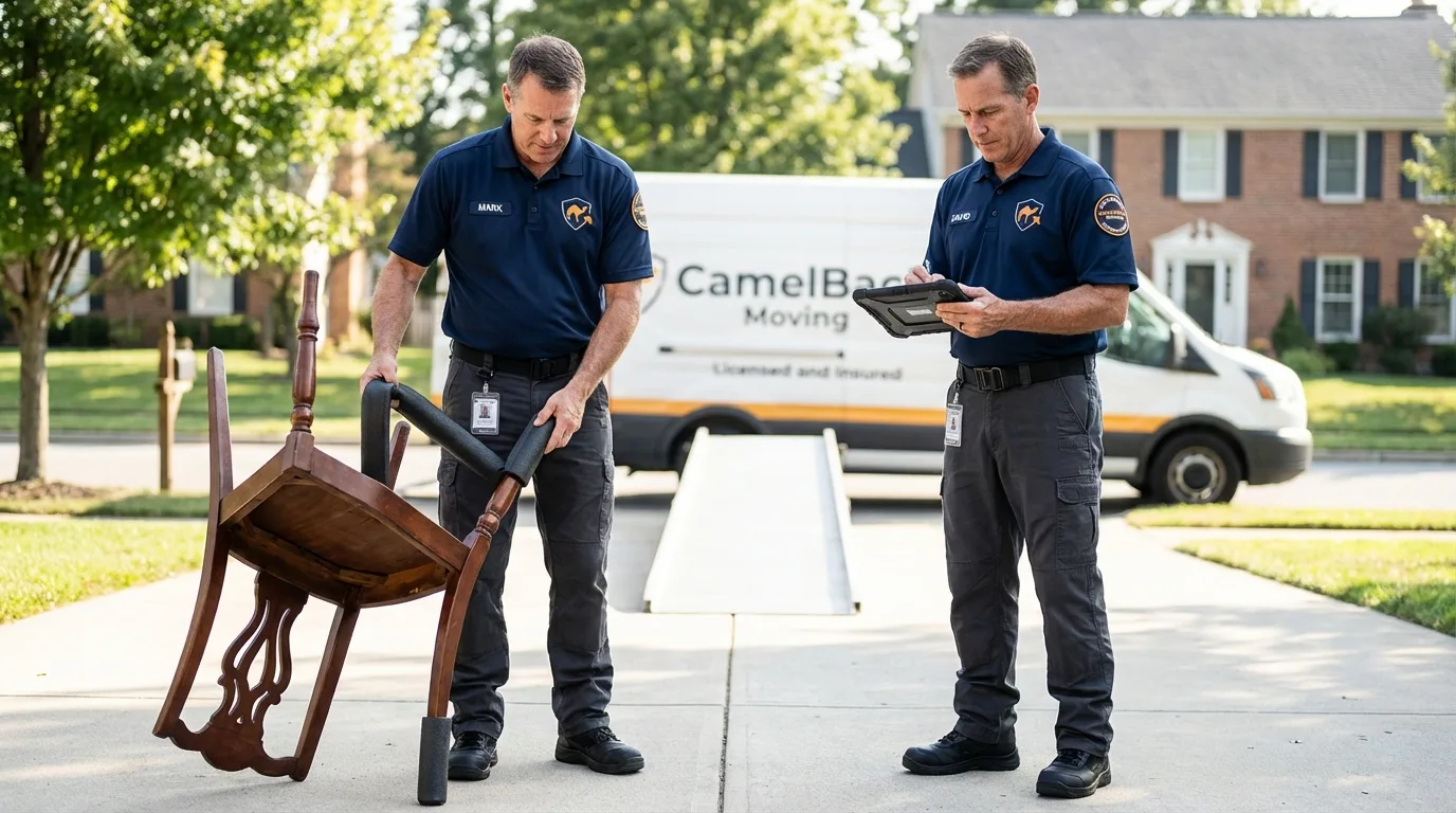 Movers inspecting furniture for damage prevention before loading in Matamoras, PA