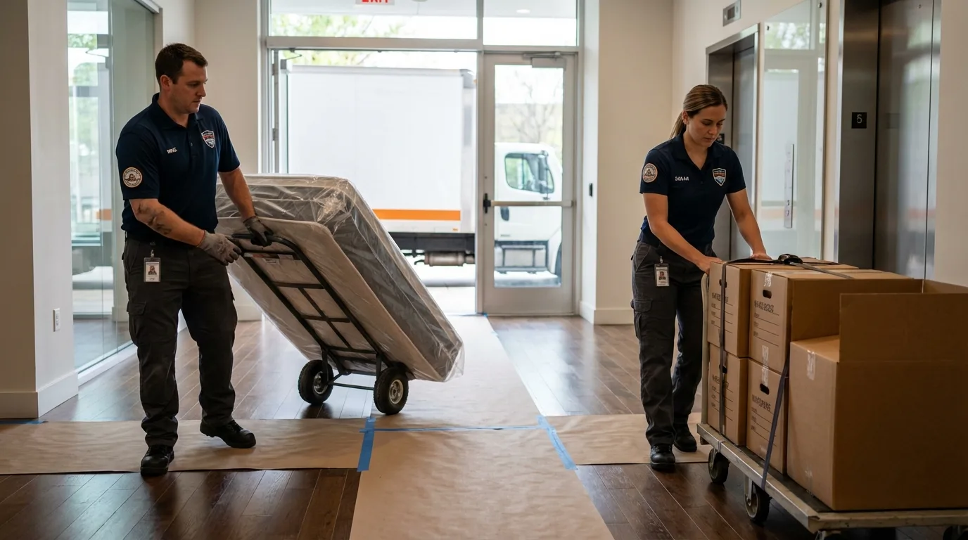 Professional apartment movers loading elevator in Matamoras, PA