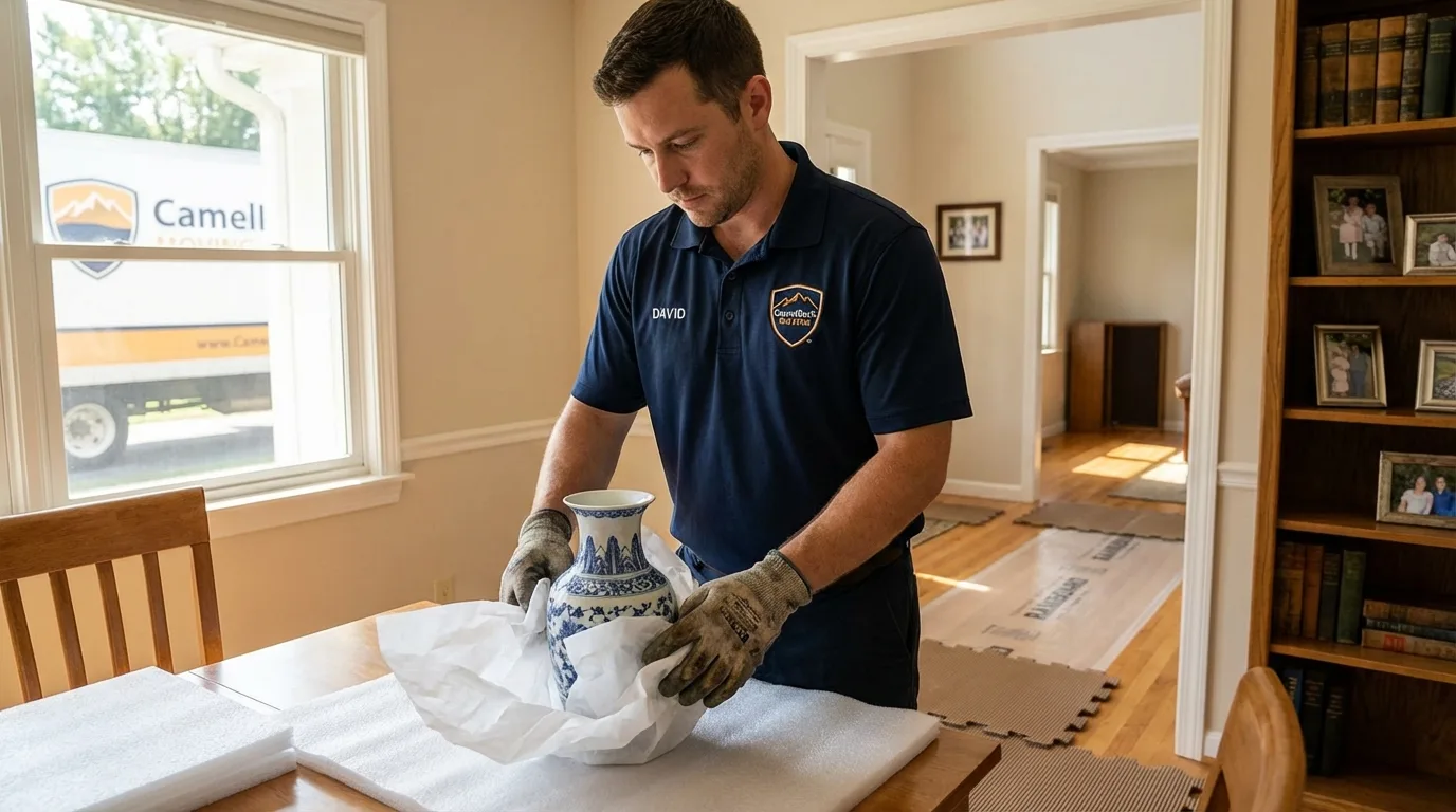 Professional crew carefully wrapping antique vase for senior downsizing move in Matamoras, PA